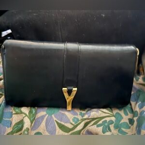 Saint Laurent Y-Ligne leather clutch in black with gold hardware  Pretty!